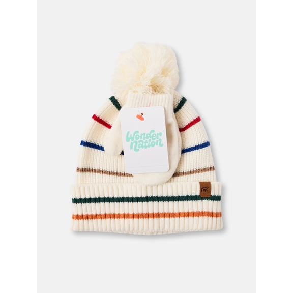 Wonder Nation Toddler Boys or Girls Pom Pom Beanie and Mittens Set, 2 Piece, One Size