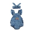 thumbnail image 2 of Newborn Baby Girls Rainbow Rompers Sleeveless Summer Ruffle Bodysuit Denim Rib Jumpsuit Headwear 2pcs Outfit Set  3M 6M 12M 18M, 2 of 7