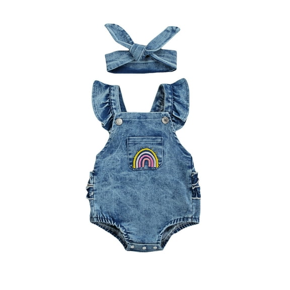 Miaouyo Breathable Infant Baby Girls Summe Outfit, Infant Summer Creative Rainbow Embroidery Fly Sleeve Lace Decoration Denim Romper Headwear Set, 0-18 Months
