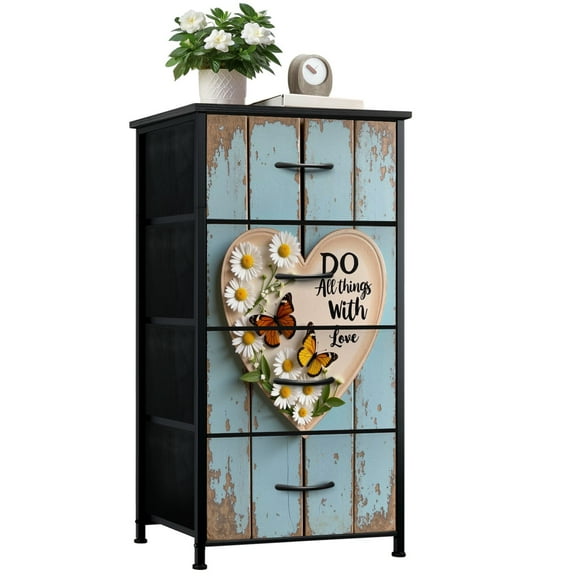 Boho Dresser for Bedroom with 4 Storage Drawers Daisy Farmhouse Florals Rustic Country Inspirational Framed Painting Dressers Chest of Drawers Steel Framed Fabric Closet Organizers for Entryway
