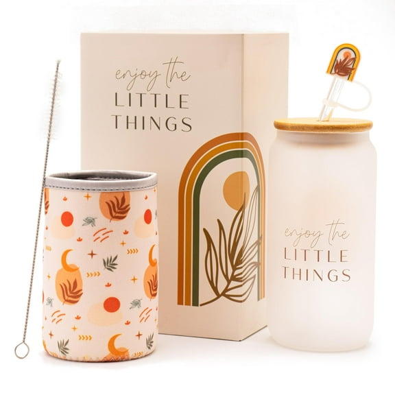 The Love Crate Co. Boho Gifts for Women - Cute Design Glass Cup with Lid and Straw, Customized Stopper and Insulated Cup Sleeve for Iced Coffee and Smoothies. Giftable Unique Tumbler Cups for Women