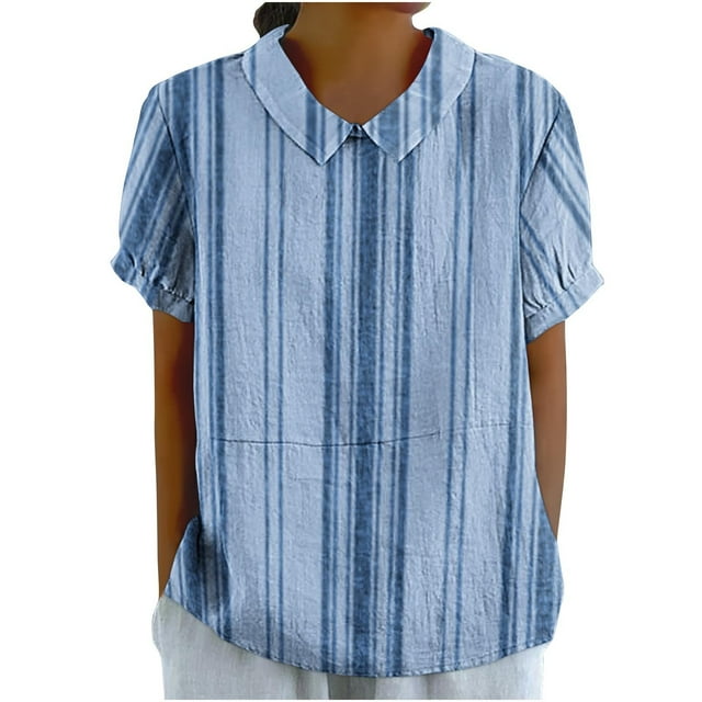 Birdeem Blouses pour Femmes T-Shirt Décontracté Imprimé Mode Manches Courtes Col Poupée Mignon Coton et Lin Blouse