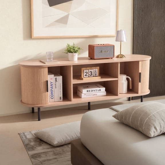KFFKFF 58" TV Stand for TVs up to 65 In, Entertainment Center with Adjustable Shelves and Sliding Door, Supports up to 350 lbs, Natural Wood.