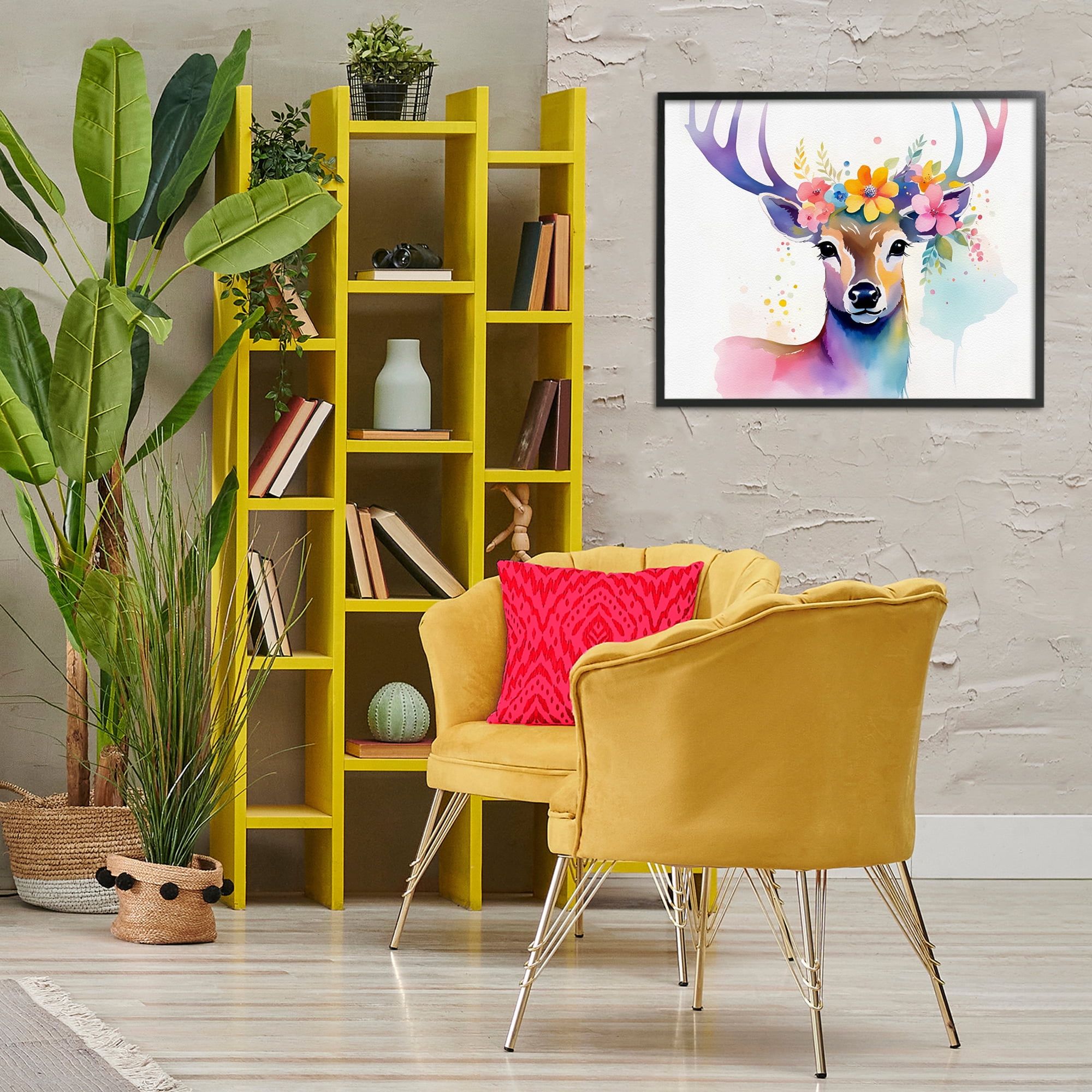 Stupell Industries Floral Garland Deer Animals & Insects Painting Black Framed Art Print Wall Art, 30 x 24