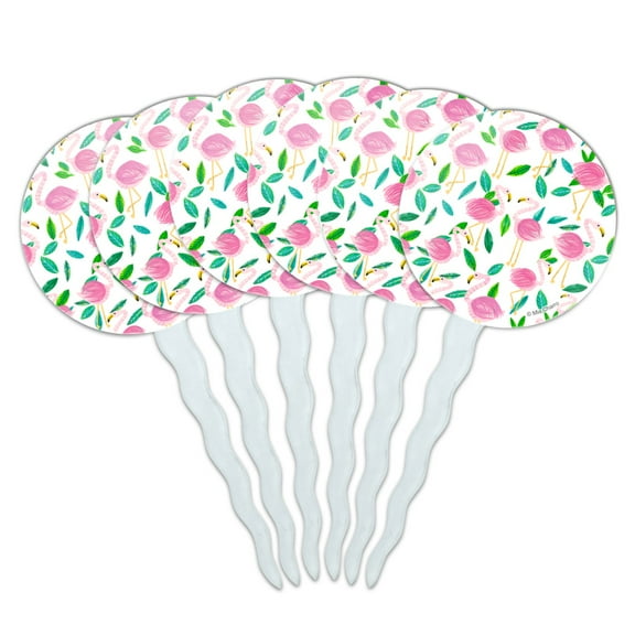 Cute Flamingos and Leaves Cupcake Picks Toppers Decoration Set of 6
