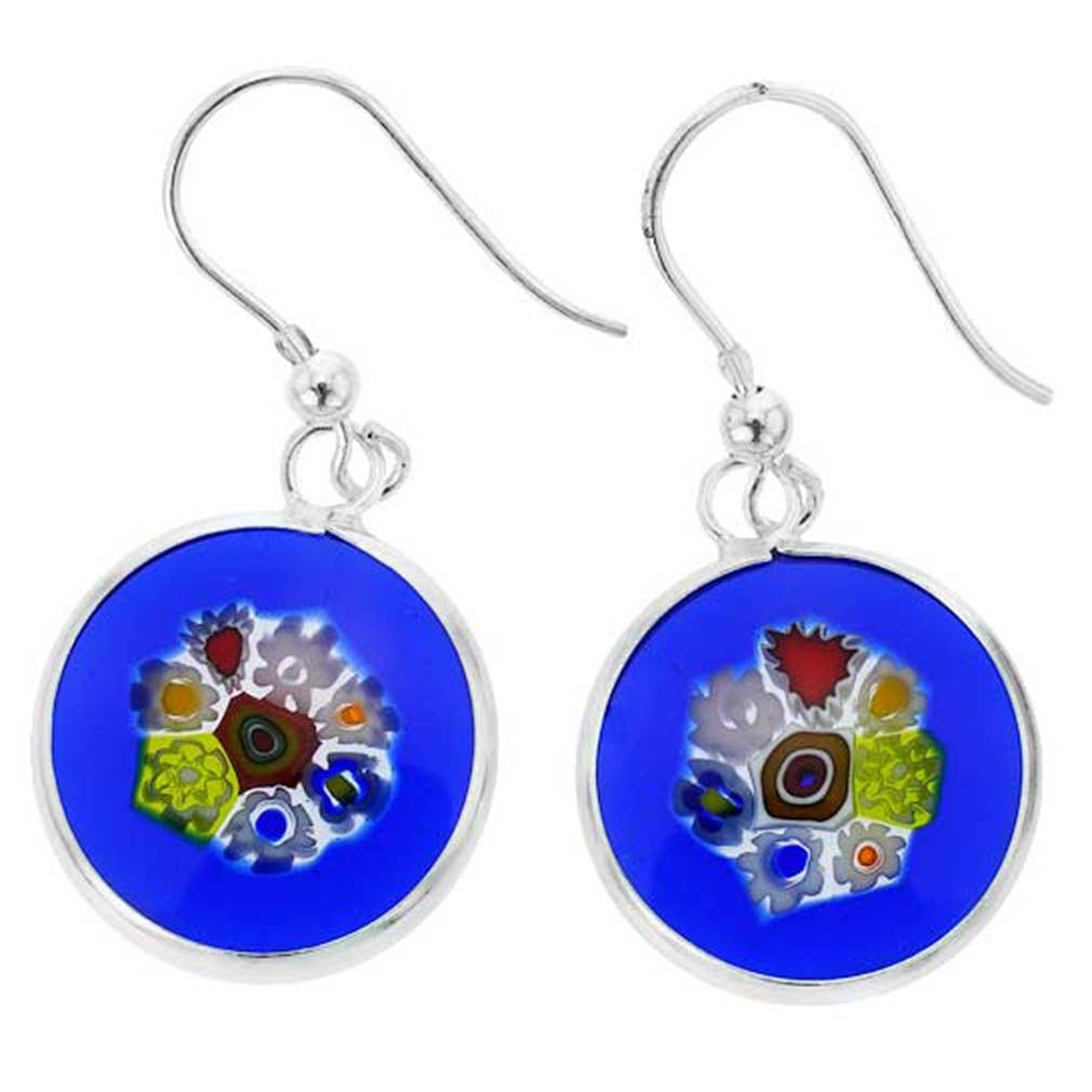 Sterling Silver /& Blue Murano Glass Millefiori Drop Earrings.