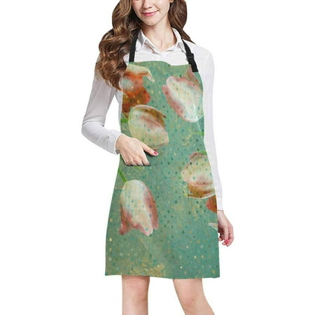 

ASHLEIGH Vintage Tulips Flowers Polka Dots Adjustable Bib Apron Pockets Commercial Restaurant Home Kitchen Adjustable Apron