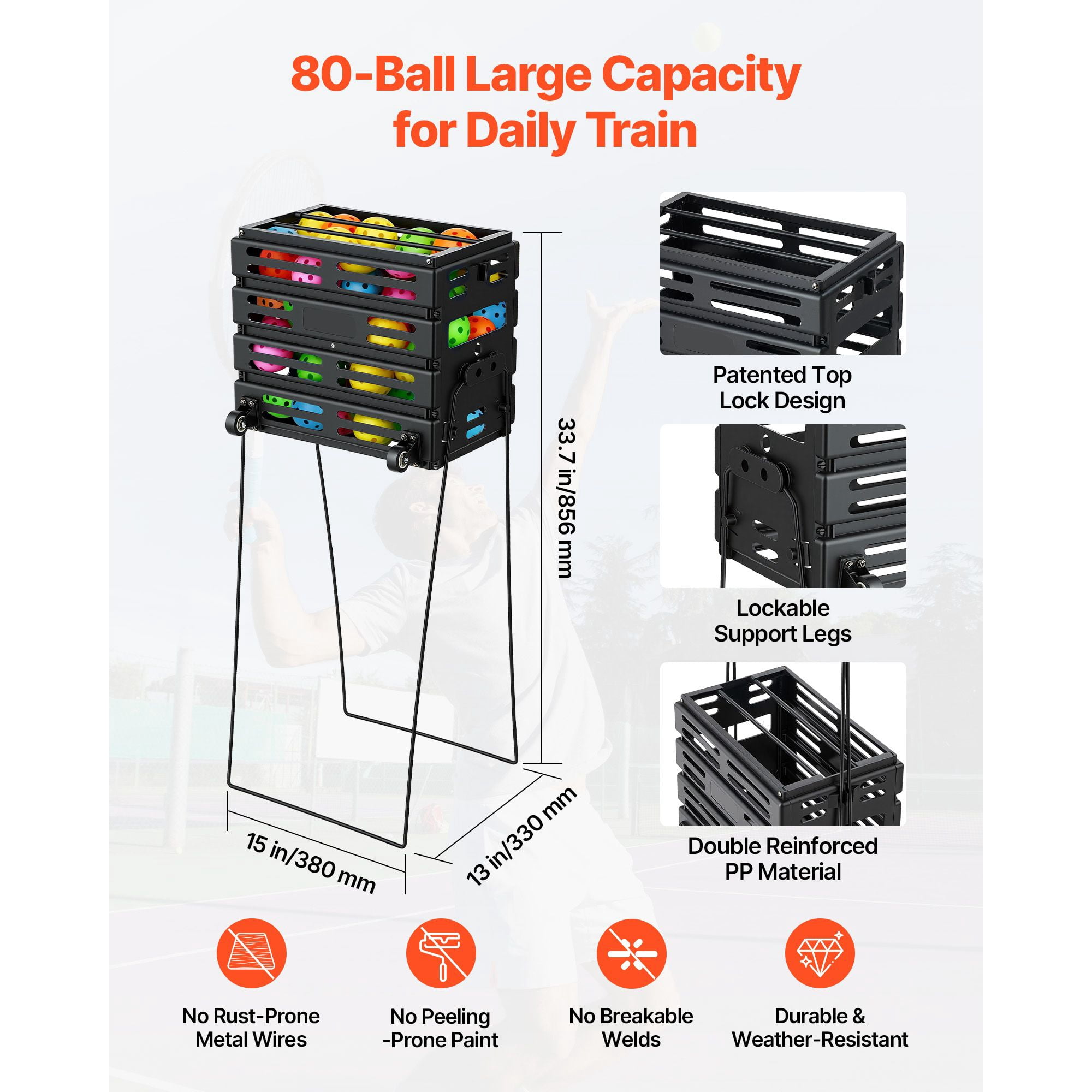 Tennis Ball Hopper, Holds 80 Tennis Balls, Pickleball Basket Cart with Wheels for Easy Pick Up, Portable Pickleball Collection Caddy with Heavy-Duty Construction, for Training Carrying Storage