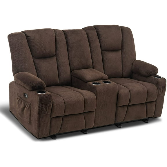MCombo Fabric Electric Power Loveseat Recliner w/ Console Massage Cup Holders USB for Living Room Brown 6045