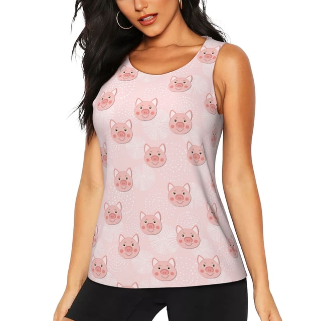 Fotbe Cute Pig Face Blusas Sin Mangas para Mujer – Estilo Casual, Corte Suelto, Slim-Fit, Cuello Redondo Deportivo, Tops de Verano para Gimnasio y Yoga-X-Large