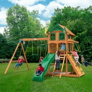 Gorilla Playsets Avalon Swing Set with Wood Roof, Trapeze Arm, Climbing Wall and Slide, Amber