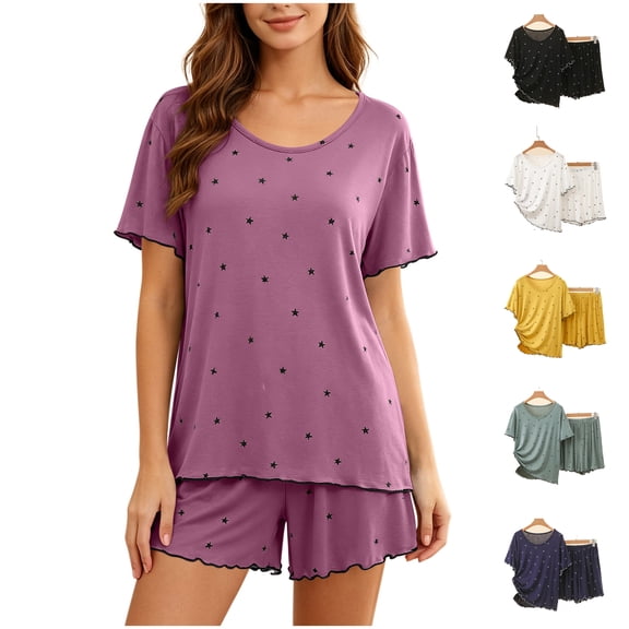 Asxite Pajamas for Women Set Star Print Crew Neck Short Sleeve Ruffle Top Elastic Waist Shorts Sleepwear