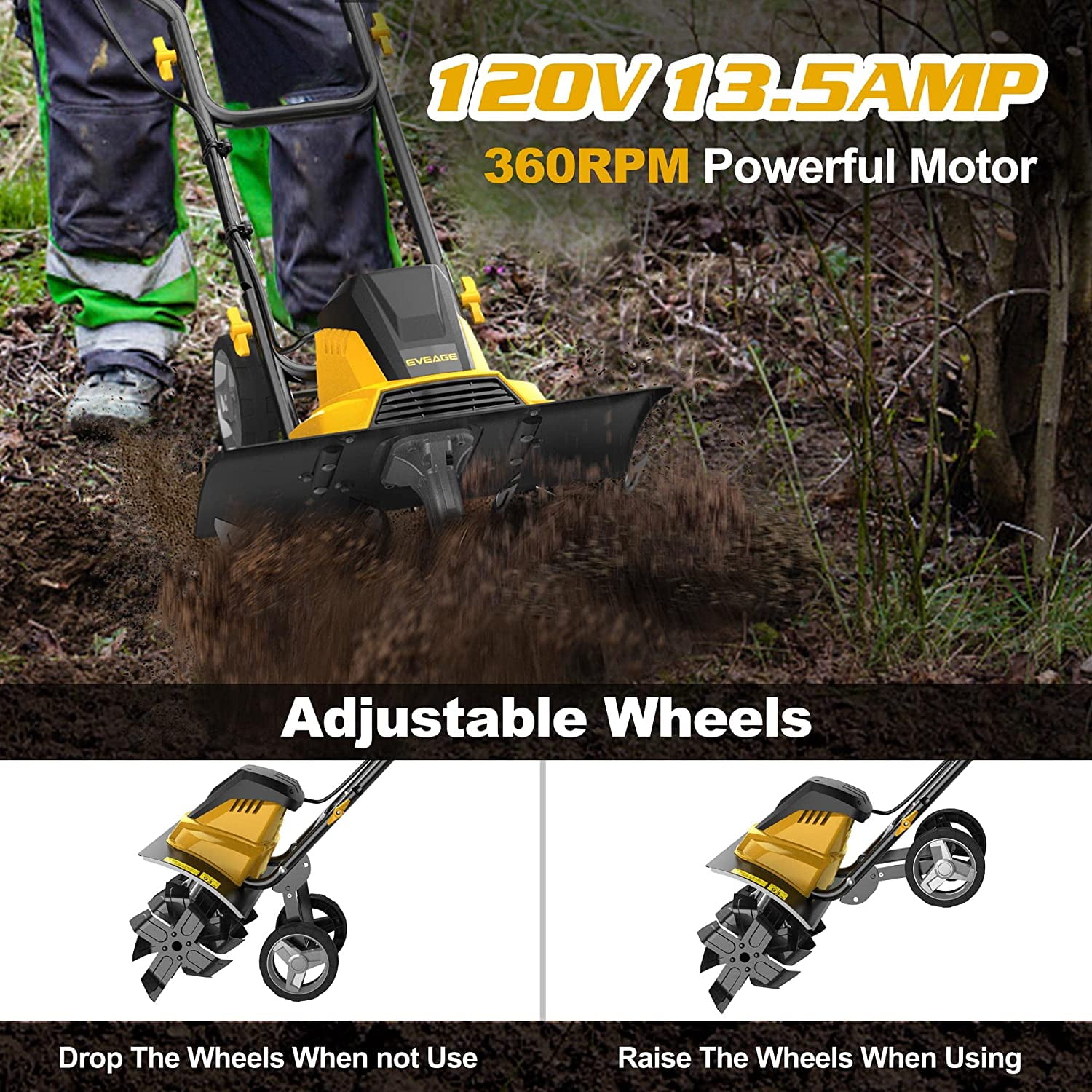 EVEAGE Electric Tiller,18 in Power Tillers and Cultivators Electric,13.5AMP Rototiller Cultivator,Yellow