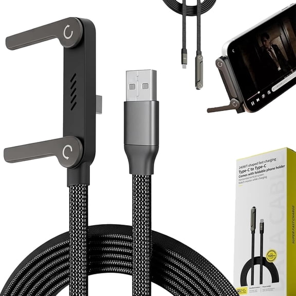 Invisible Holder Charger Cable with Stand, 240W Super Fast Charging with Folding and Tangle-Free/Smartphones/Tablets, Type C Braided Design for