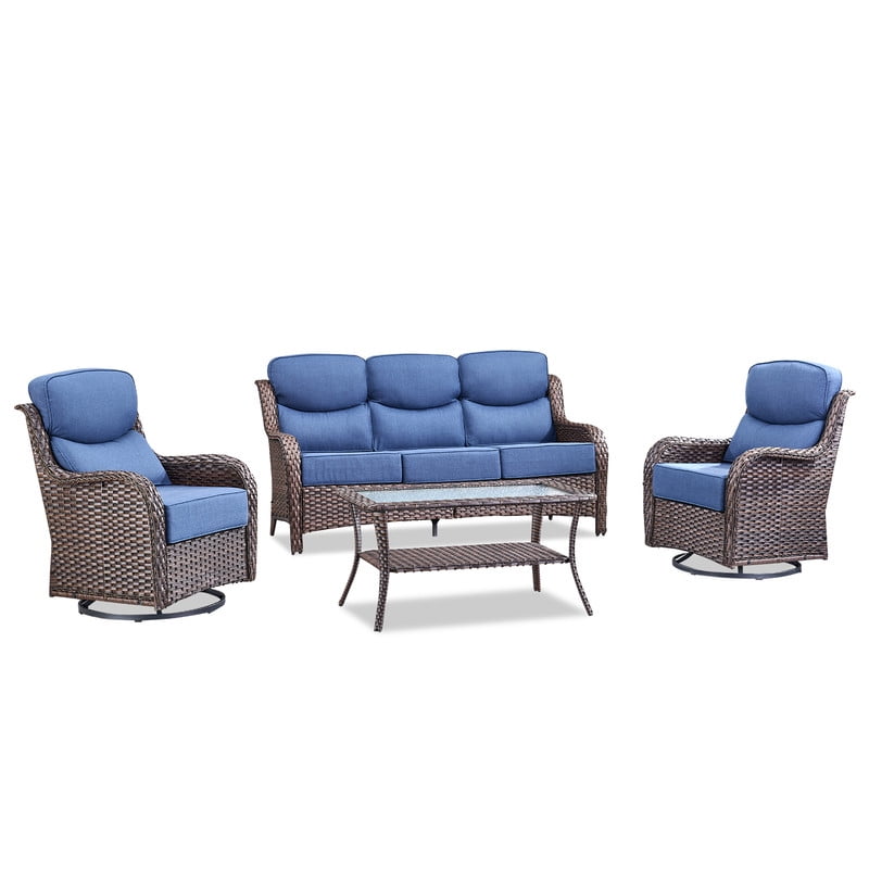 PARKWELL 4 Piece Outdoor Patio Furniture Set,All-Weather High Back Conversation Set with Luxury 6-Inch Thick Cushions,Swivel Glider Chair,5-Seat Furniture Sets for Garden, Deck, Backyard,Brown/Navy