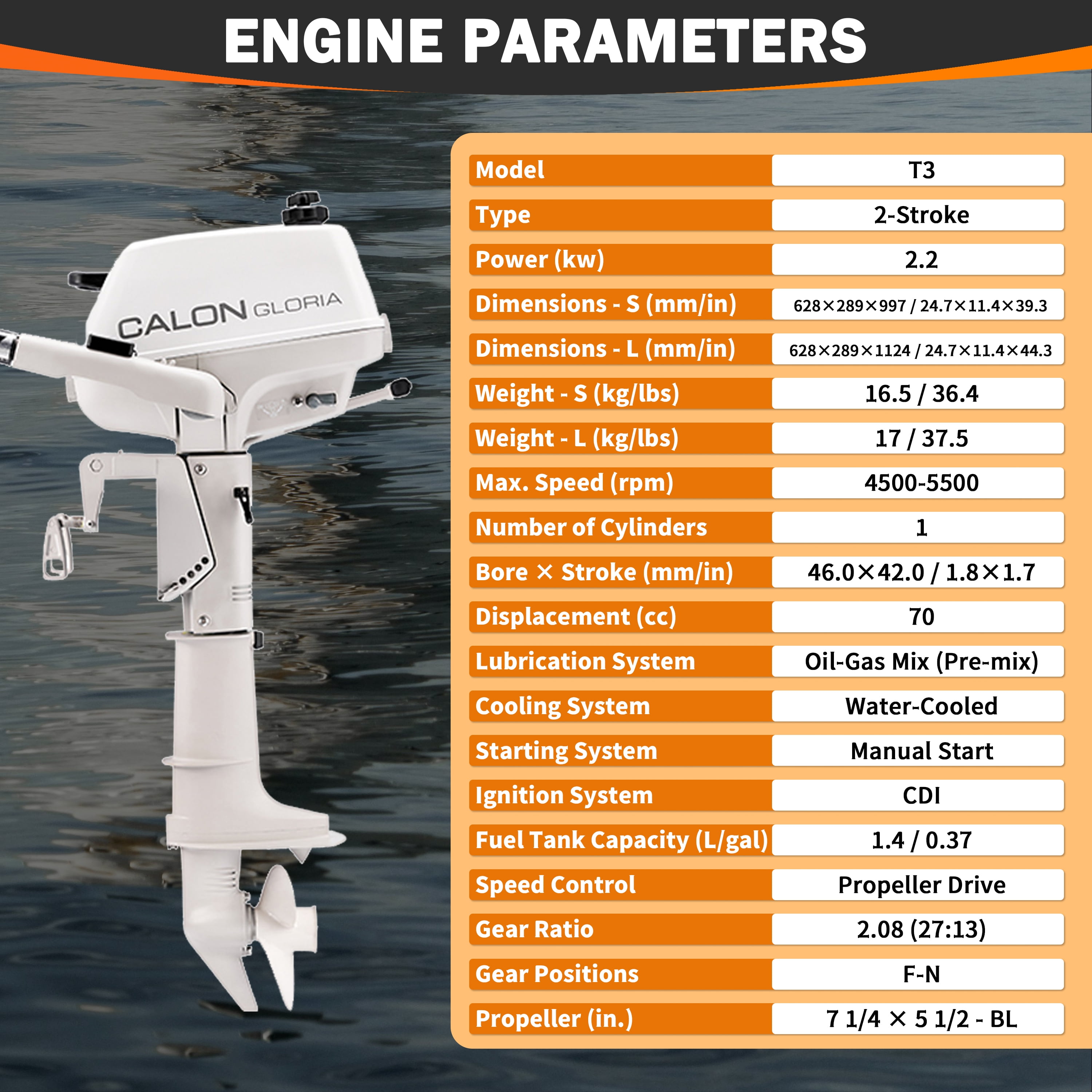 2 Stroke 3HP Calon Outboard Motor, 70cc Heavy Duty Short Shaft Fishing Boat Engine with Water Cooling System & CDI Ignition System for Inflatable Boat Kayak Canoe Sailboat