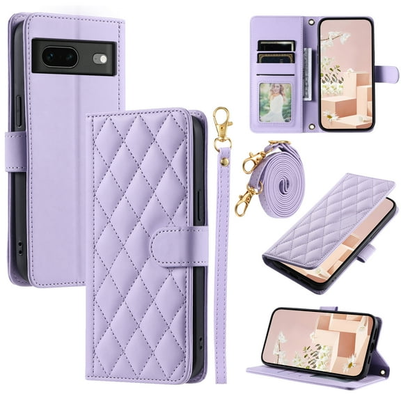 for Google Pixel 7a Wallet Case, Elegant PU Leather Shoulder Strap & Wrist Strap Kickstand Card Slots Magnetic Closure Full Body Protection Phone Case for Google Pixel 7a, Purple