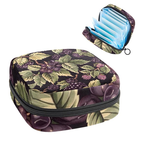 Sanitary Napkin Storage Bag for Girls Women, Portable First Period Pads Bag Tampons Holder Girls Travel Makeup Bag, Large Capacity Cute Blackberry Pattern