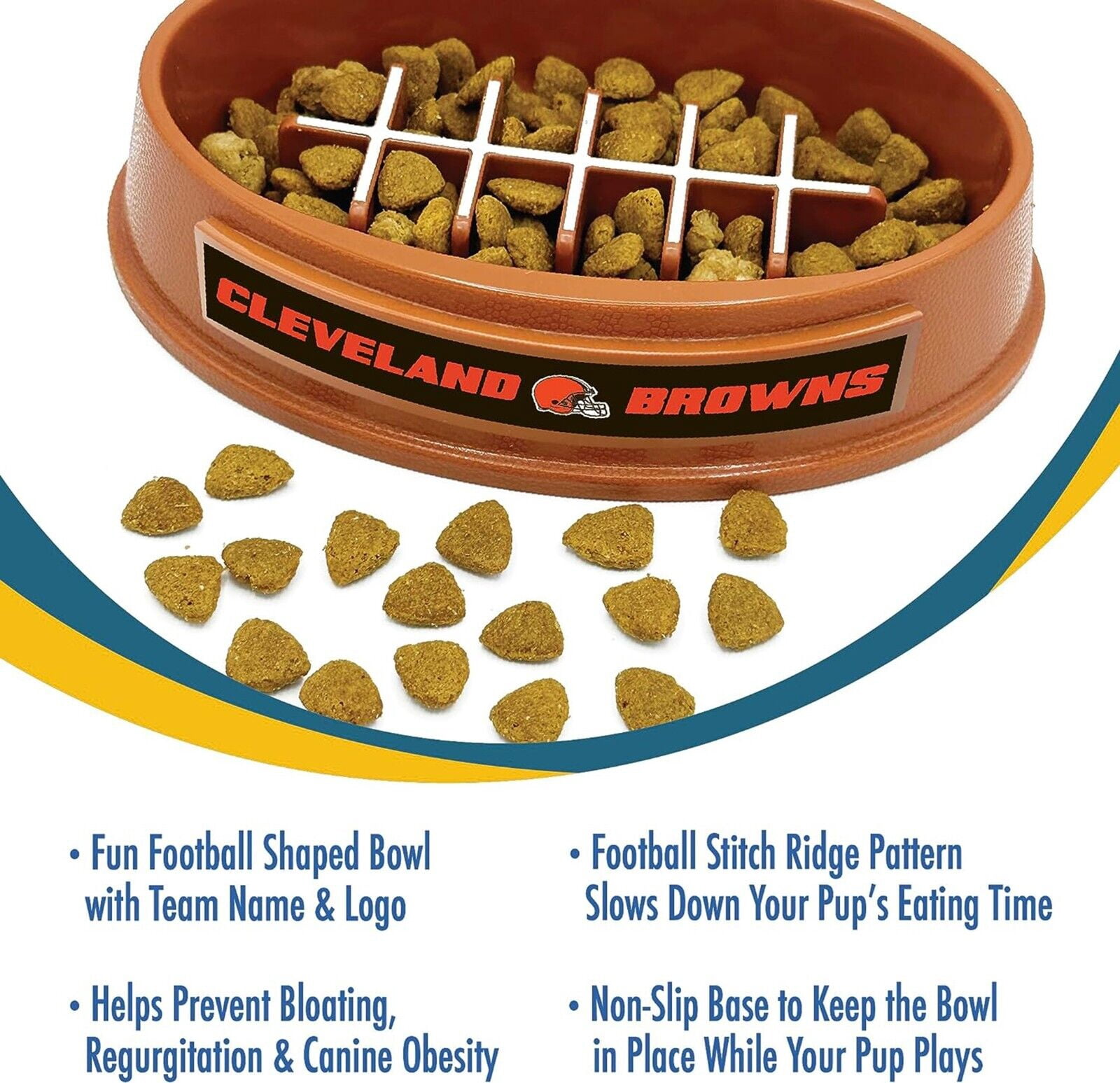 Pets First NFL Cleveland Browns Super-Bowl Slow Feeder Bowl for Dogs and Cats, Football Design for Healthy Digestion, Non-Slip, for Large & Small Pet