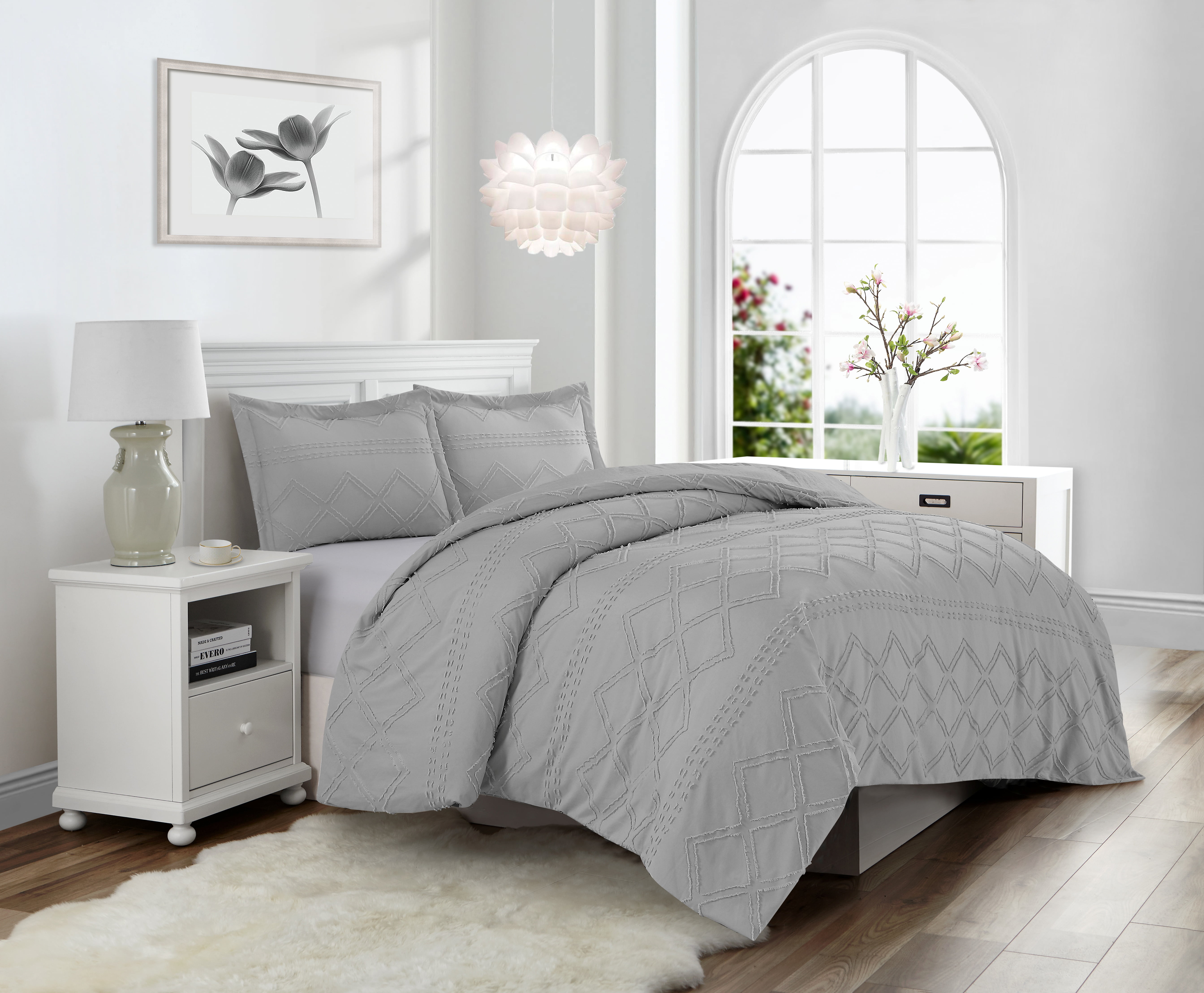 Swift Home Diamond Textured Soft Touch Duvet Cover Set, All Season Bedding with Zipper Closure, Includes Pillow Shams, Twin, Light Gray