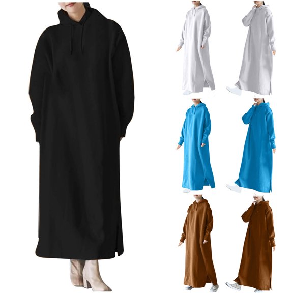 Hinvhai Women's Classic Fleece Lined Oversized Hooded Dress,Casual Loose Solid Color Long Sleeve Pullover Sweatshirt Dress with Pockets White 10(XL)