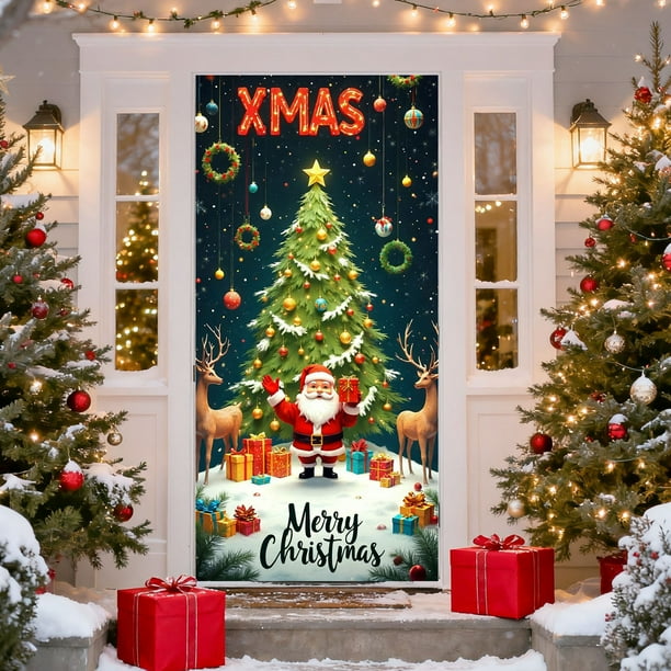 Uuiauoio Festive Christmas Door Cover with Design,Polyester Door Curtain for Holiday Home Decor, Seasonal Wall and Entryway Decoration for Parties and Family Gatherings,Festival Party Decoration