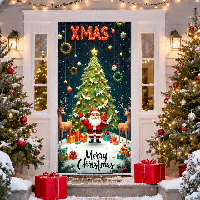 Cubrepuertas Navideño con Diseño de Papá Noel, 89 X 183 Cm | Decoración Festiva | Tela de Poliéster Resistente | Fácil Instalación | Apto para Puertas Estándar | Decoración de Pared Interior | Mantel