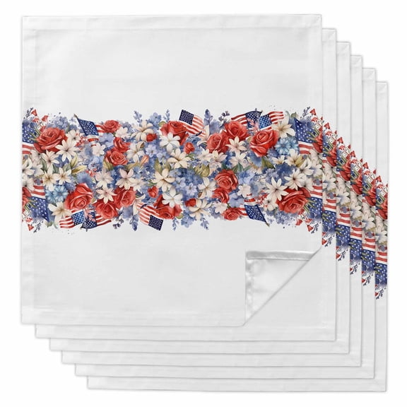 Boanket Blue Red 4th of July Cloth Napkins Set of 6, Holiday Napkins for Baby Shower, Independence Day Flowers Red Blue Washable Reusable Dinner Napkins for Cocktail Wedding Party, 20 x 20 Inch