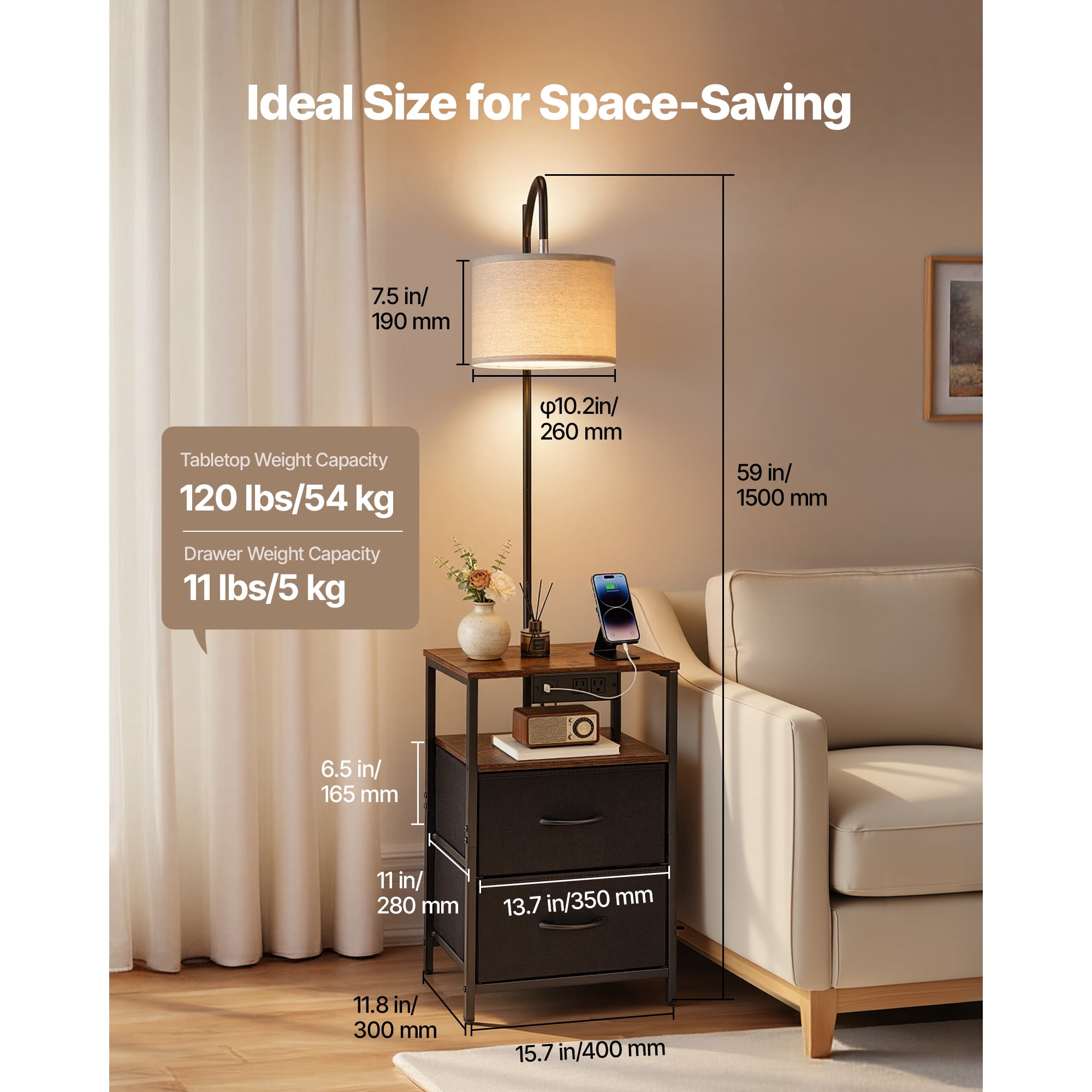KFFKFF Floor Lamp with Table, End Table with Charging Station, 2 Drawers and Adjustable Lighting, Perfect for Living Room, Bedroom.