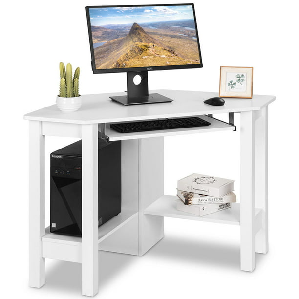 Costway Wooden Corner Desk With Drawer, White Corner Computer Desk With Keyboard Tray