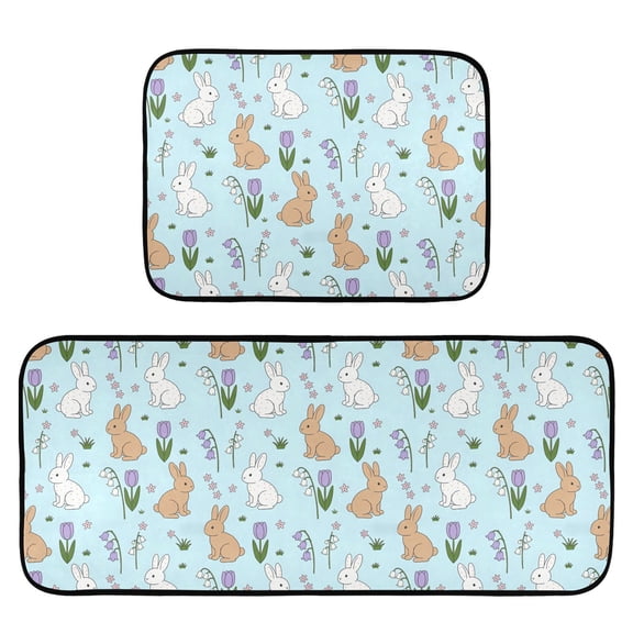 2-Piece Kitchen Mat Set Non Slip Washable Floor Mats Decorative Rugs for Kitchen Sink Laundry Rabbits and Tulips Pattern