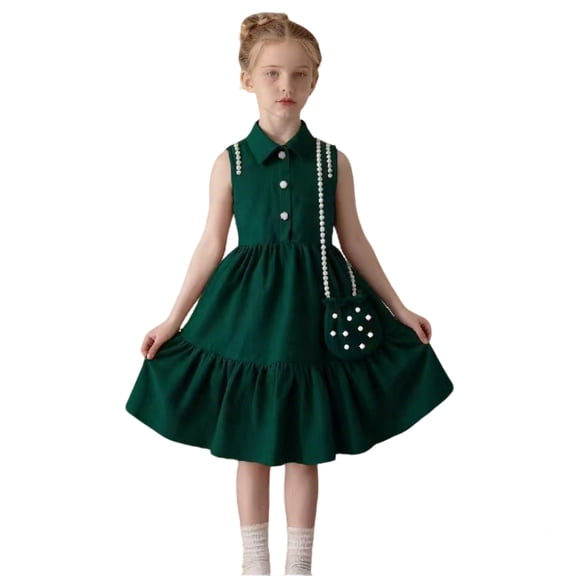 ZXLBBD Dress for Girls Sleeveless Lace Lapel Collar Button Solid Color Flowy for Toddler and Kids Outfit Elegant Wedding Prom Dress