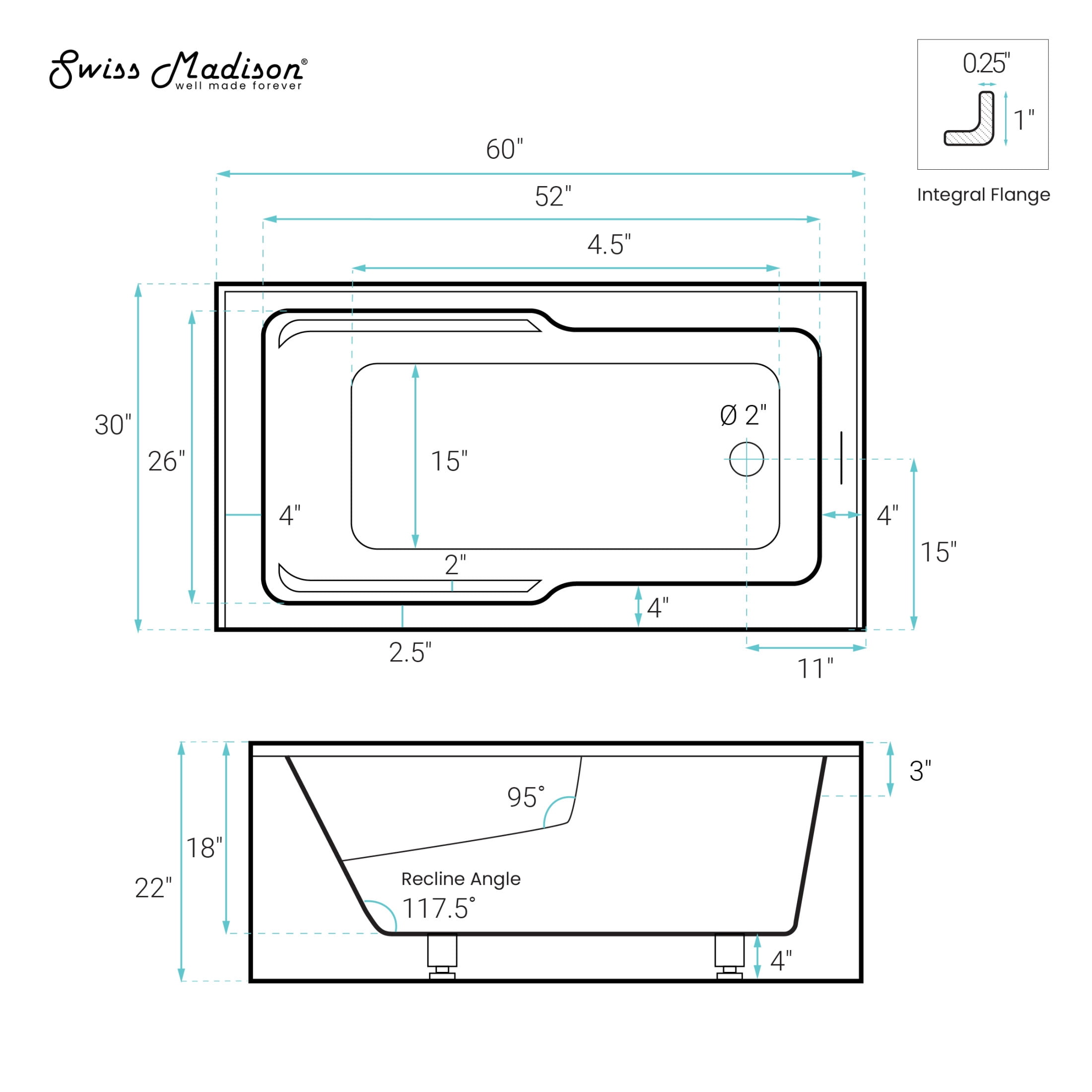 Voltaire 60 x 30 Skirted Right Drain Soaking Apron Bathtub in Glossy White with Integrated Overflow and Armrest, Drain Included