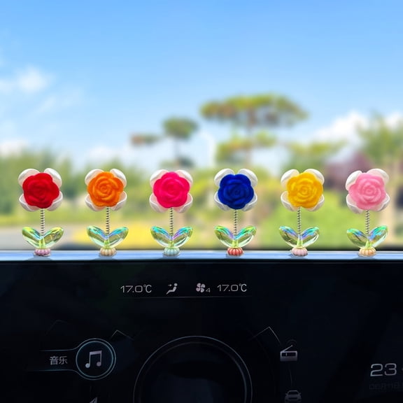 Rose Flower Bobblehead Shaking Head Multicolor Car Interior Dashboard Decor for Women 6 Pack