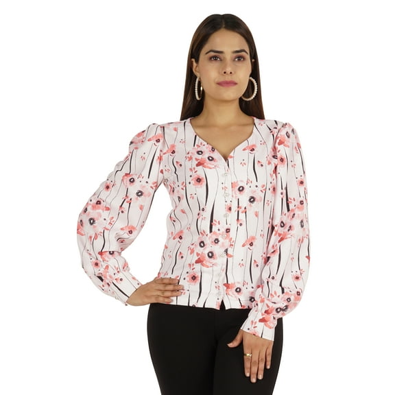 Moomaya Printed Tops For Women Button Down Full Sleeve Casual Shirt Blouse