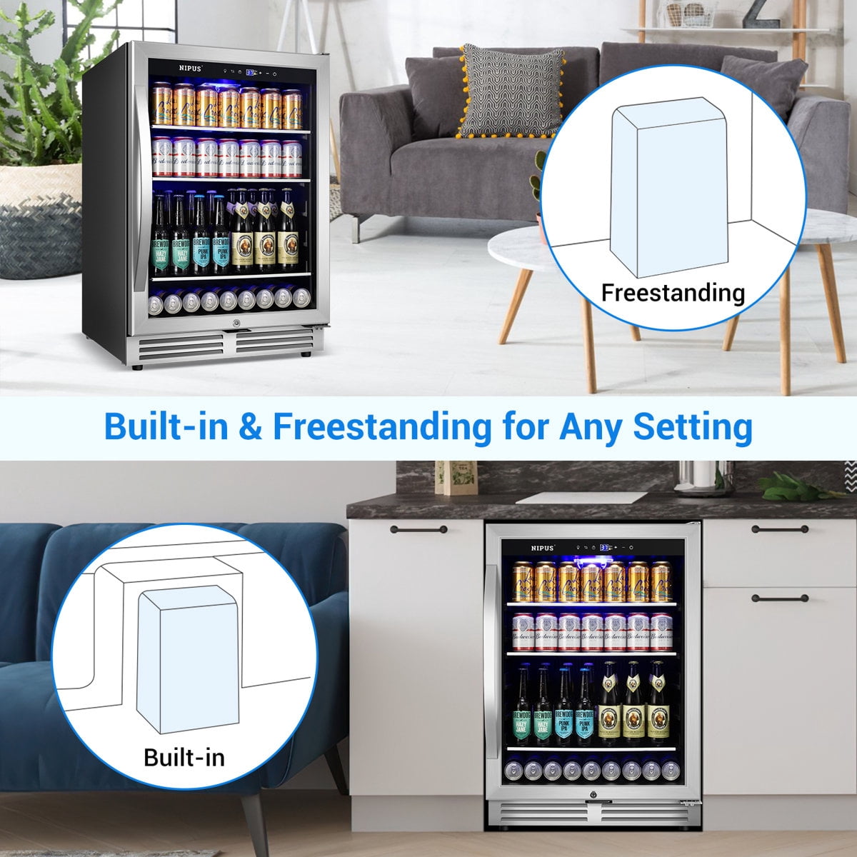 24 Inch Beverage Refrigerator Cooler, 190 Can Built-In and Freestanding with Glass Door, LED Light Safety Lock For Beer, Wine, Soda, Drinks Classic Series