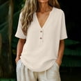 thumbnail image 2 of BUIGTTKLOP Womens Cotton Linen Tops Short Sleeve Shirts Button up V Neck T Shirts Solid Color Summer Tops, 2 of 6