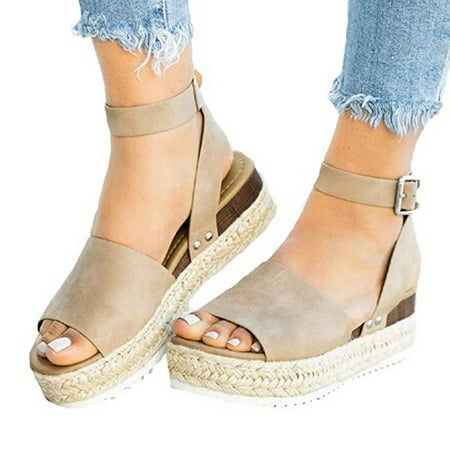 

YTJX Casual Women s Rubber Sole Studded Wedge Buckle Ankle Strap Open Toe Sandals
