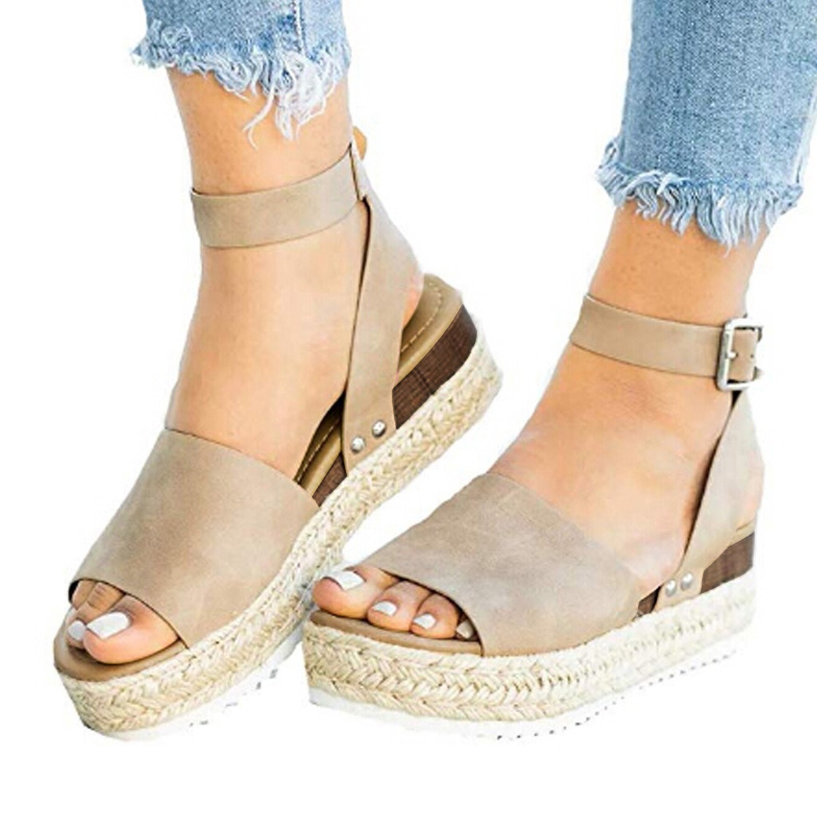Casual Women's Rubber Sole Studded Wedge Buckle Ankle Strap Open Toe ...