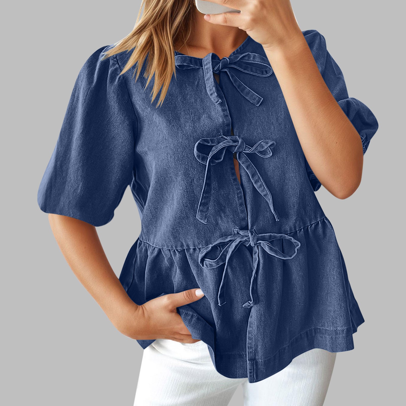 Womens Tops Under $10, Womens Denim Tie Front Tops Babydoll Peplum Puff Sleeve Jean Shirts Crew Neck Summer Casual Bow Blouses