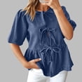 thumbnail image 2 of Womens Tops Under $10 Womens Denim Tie Bow Front Tops Babydoll Puff Sleeve Shirts Summer Casual Crew Neck Travel Vacation Blouses, 2 of 7