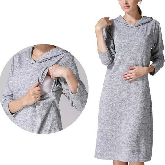 Jinhomg Womens Casual Long Sleeve Maternity Dress Loose Cozy Solid Midi Nursing Dress Pregnancy Breastfeeding Dresses with Hooded Gray M
