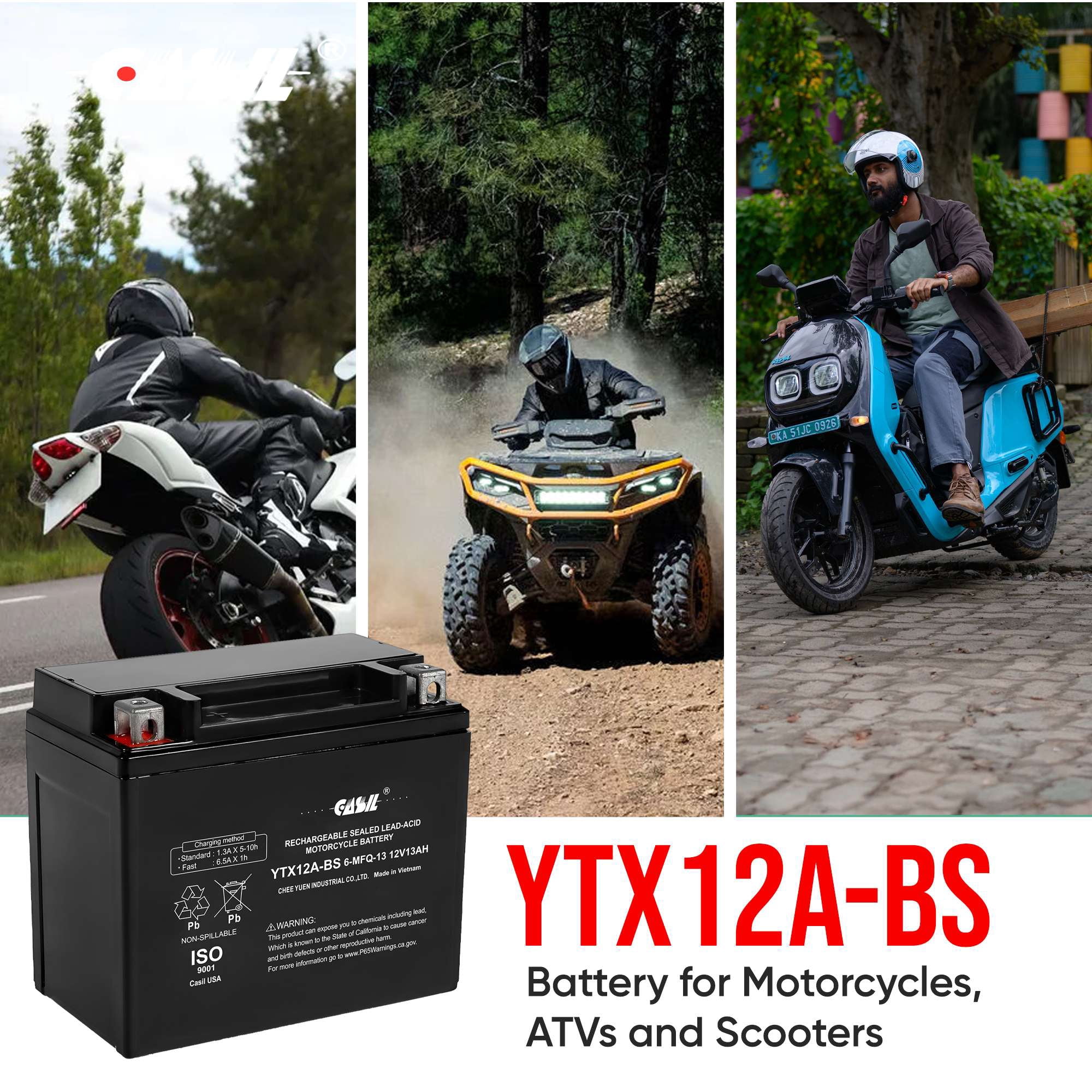 CASIL YTX12A-BS Replacement Power Sports Battery for Motorcycles, ATV's, and Scooters