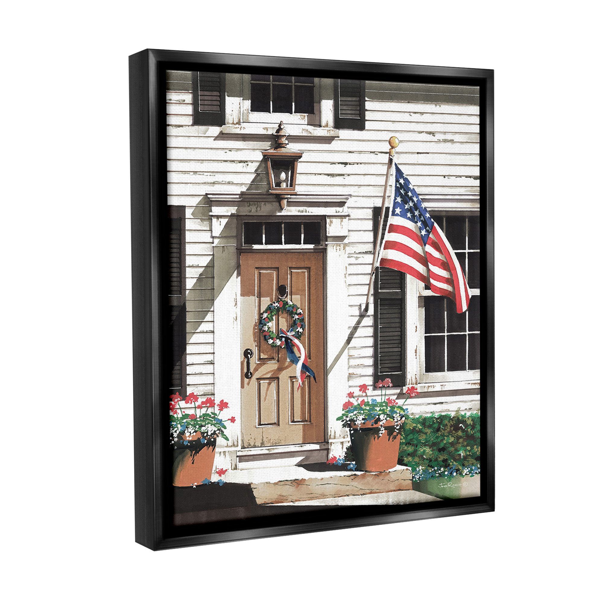 Stupell Industries Country House with Flag Travel & Places Painting Black Floater Framed Canvas Art Print Wall Art, 17 x 21