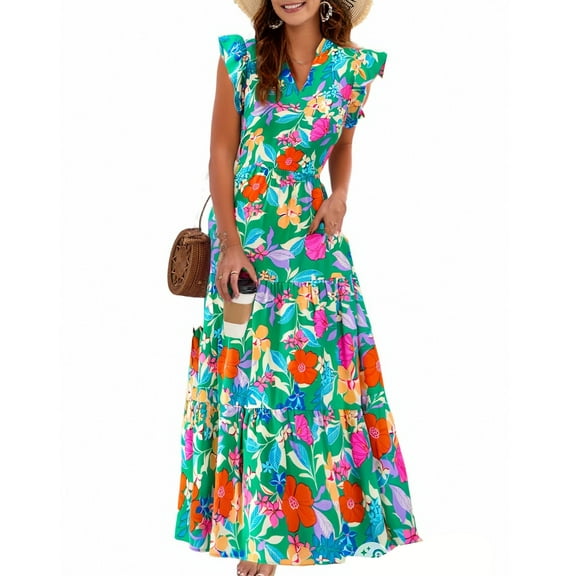 Knosfe 2025 Summer Floral Midi Dress for Women Cap Sleeve V Neck Ruffle Long Flowy Boho Casual Beach Vacation Dresses Watermelon Red 2XL