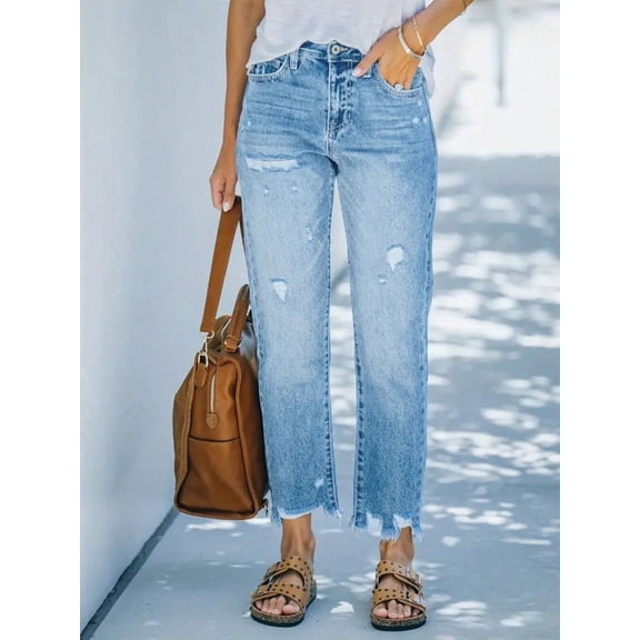 Distressed Light Blue Denim Jeans Women's Casual Crop Straight Leg Washed Mid Rise Non-Stretch Cotton Classic Ankle Length