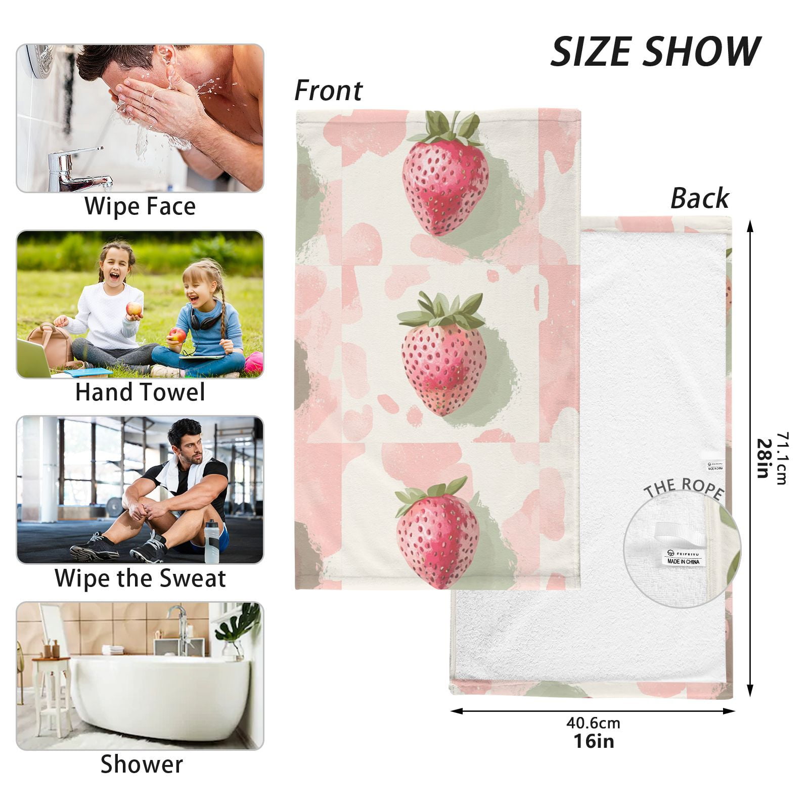 Pink Straberrys in Grids Hand Towels Cotton Bath Towels Large Face Towels Absorbent for Bathroom 2 Packs
