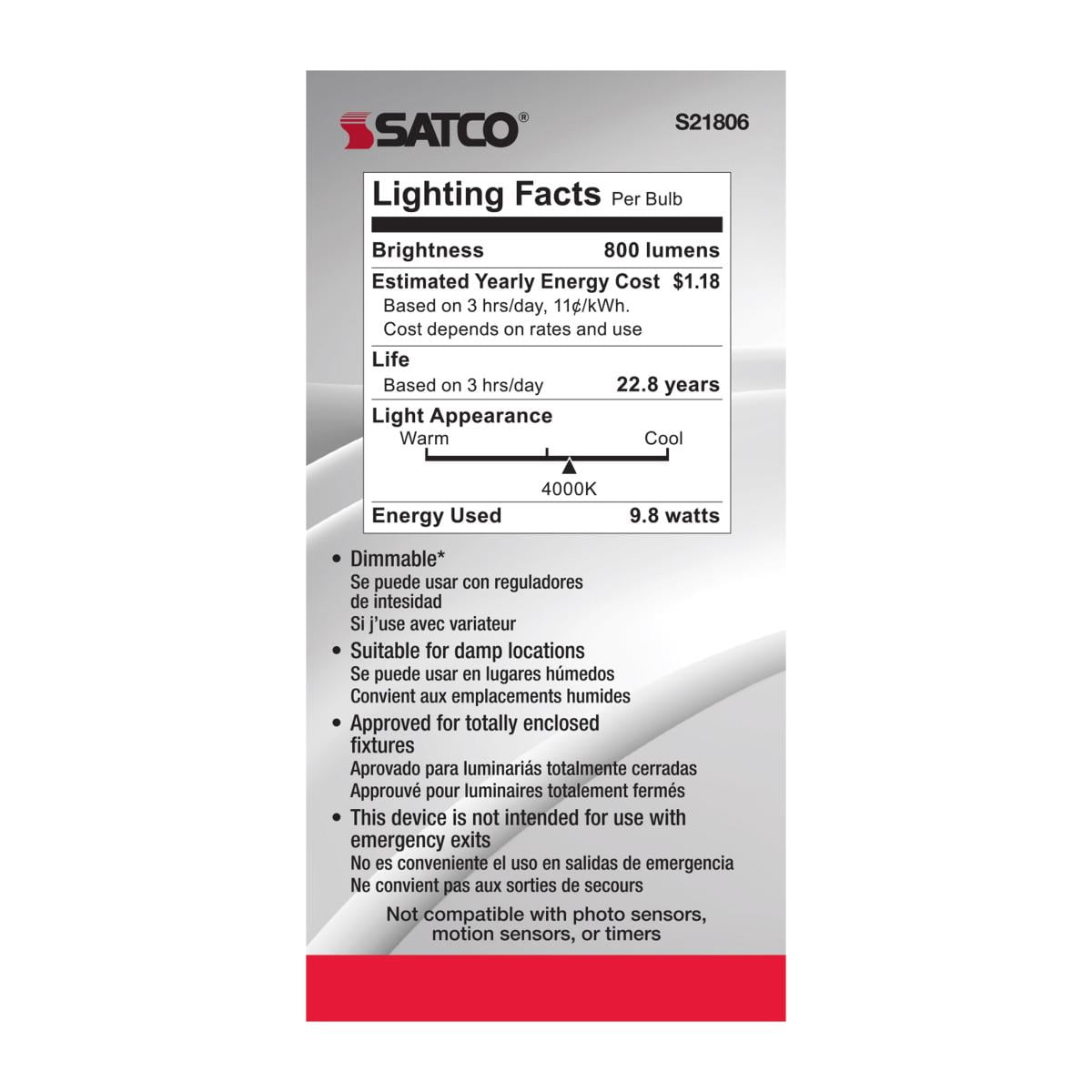 SATCO S21806 9.8W 120V A19 LED Bulb E12 Candelabra Base 4000K 800L Dimmable (6 Pack)