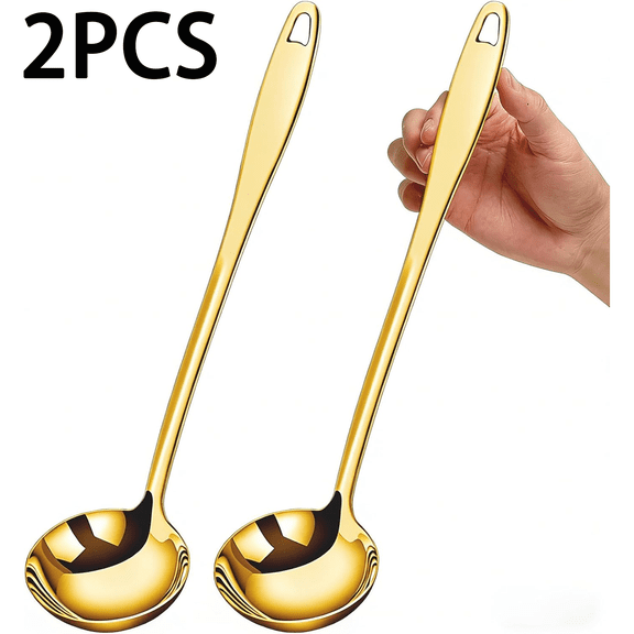 Soup Ladle, 2Pcs Stainless Steel Ladle spoon, 12.2Inch Metal Long Handle Serving Spoon for Cooking Buffet, Party, Kitchen, Gold