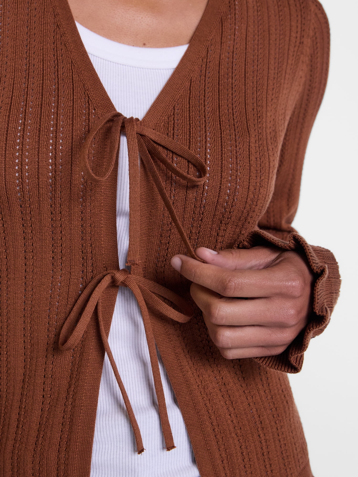 Scenario Women's Eyelet Tie Front Cardigan, Lightweight, Sizes XS-XXXL